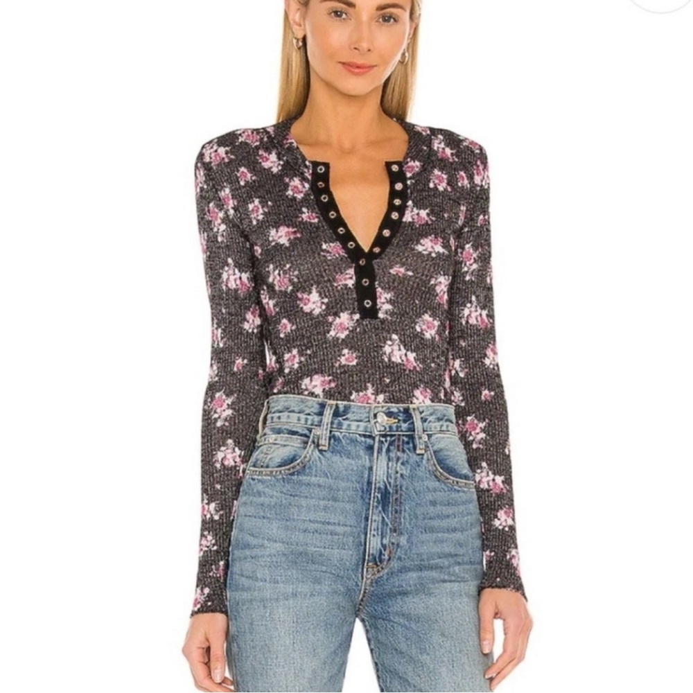 FP Movement by Free People Gray and Pink Floral Long Sleeve Blouse Top XS